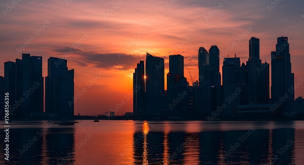 Fototapeta premium A stunning sunset paints the cityscape and river with vibrant, casting the skyline in silhouette