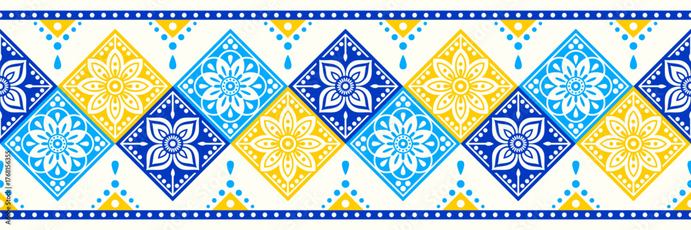 Obraz premium Patterned seamless border, vector flowers motifs in diamond shapes, like traditional Ukrainian and Polish floral folk art embroidery designs.