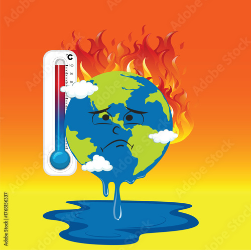 global warming, graphic illustration of a melting earth with a thermometer