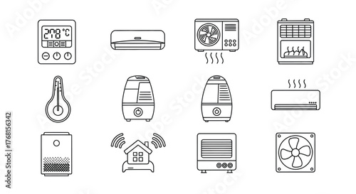 Home climate control appliances collection line art icons for smart home technology and hvac systems vector