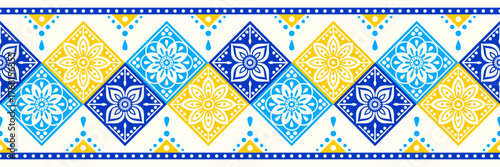 Patterned seamless border, vector flowers motifs in diamond shapes, like traditional Ukrainian and Polish floral folk art embroidery designs.