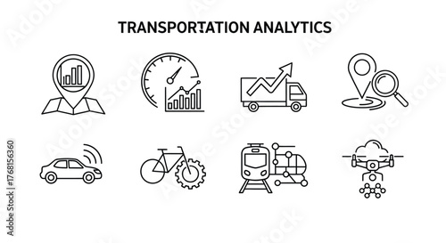 Transportation analytics icons for data visualization and logistics planning insightful collection vector