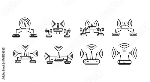 Collection of internet routers and wifi signals representing connectivity and network technology vector