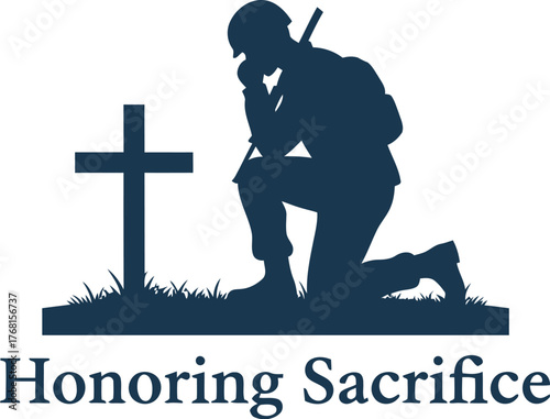Silhouette of a soldier kneeling in prayer before a cross at a graveside with text honoring sacrifice