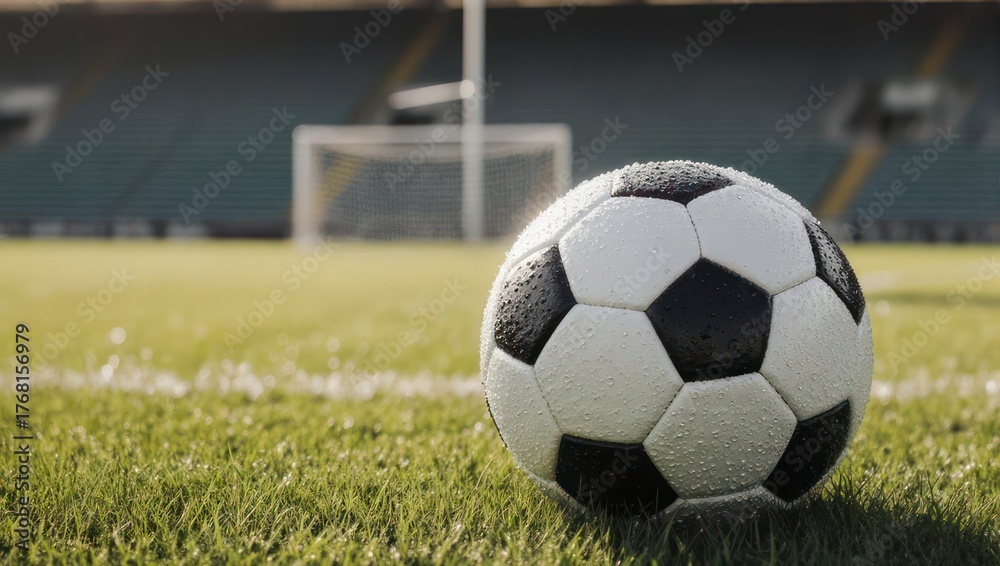 Fototapeta premium Soccer ball on a green grass field with goal in the background.
