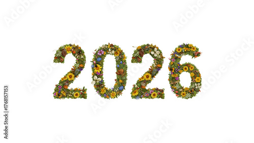 2026 floral number design made of colorful flowers and green leaves on transparent background