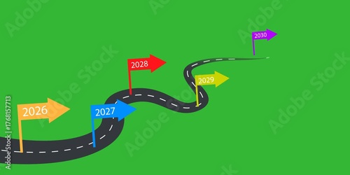 Animated business roadmap footage featuring a winding road with colorful arrows for each year, showing progressive goals and success milestones on a green screen background. 4k resolution
