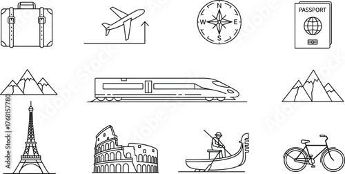 Minimal Line Art Travel, Transport, and Famous Landmark Icons Vector Set