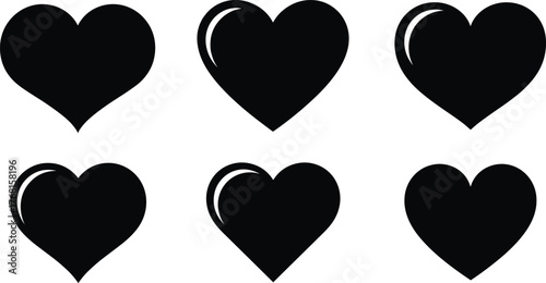 Set of Black Filled and Glossy Heart Shapes Vector Icons