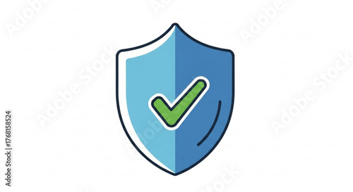 Blue shield with green check mark concept for security, protection, antivirus, safety, privacy, guarantee, and reliability