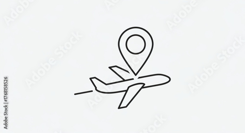 Airplane with location pin icon represents travel, tourism, navigation, and destination simple, minimalist design for web and mobile applications
