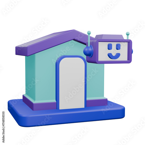 3D illustration of a cartoon smart home with a smiling robot head assistant, symbolizing home automation, AI technology, and futuristic property management