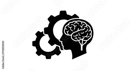 A silhouette of a head with a brain and gears, , representing artificial intelligence, machine learning, and innovation