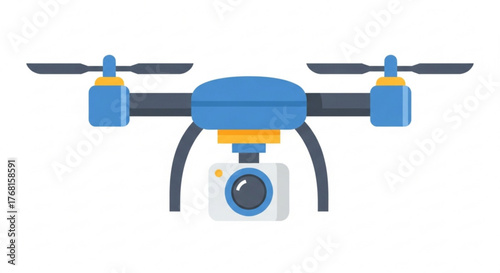 Blue drone with camera represents aerial photography, surveillance, and modern technology in a vibrant, flat design