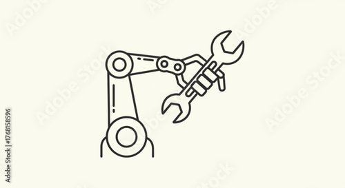 Robotic arm holding wrenches depicts automation, manufacturing, and modern technology in a clean, minimalist style