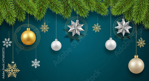 Christmas Ornaments and Pine Branches Hanging on Teal Background with Snowflakes