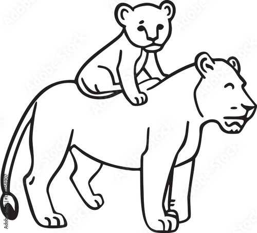 Adorable baby lion cub riding on mother lion's back clean line art centered
