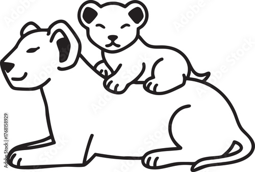 Cute baby lion riding on mother's back simple line art icon representing family and love