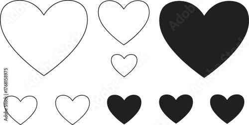 Black Filled and Outline Heart Shapes Vector Icons Set