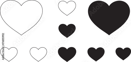 Black Filled and Outline Heart Shapes Vector Icons Set