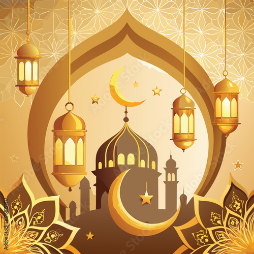 Golden Mosque with Crescent Moon and Star,Islamic Ramadan and Eid Mubarak Illustration