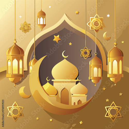 Golden Mosque with Crescent Moon and Star,Islamic Ramadan and Eid Mubarak Illustration