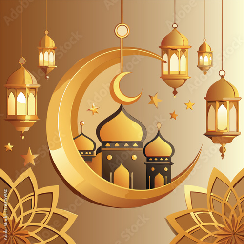 Golden Mosque with Crescent Moon and Star,Islamic Ramadan and Eid Mubarak Illustration