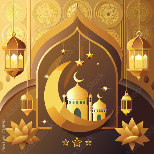 Golden Mosque with Crescent Moon and Star,Islamic Ramadan and Eid Mubarak Illustration