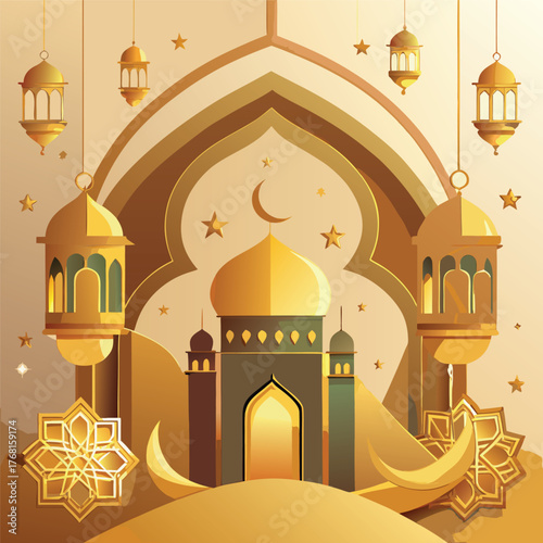 Golden Mosque with Crescent Moon and Star,Islamic Ramadan and Eid Mubarak Illustration
