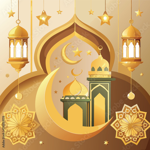Golden Mosque with Crescent Moon and Star,Islamic Ramadan and Eid Mubarak Illustration