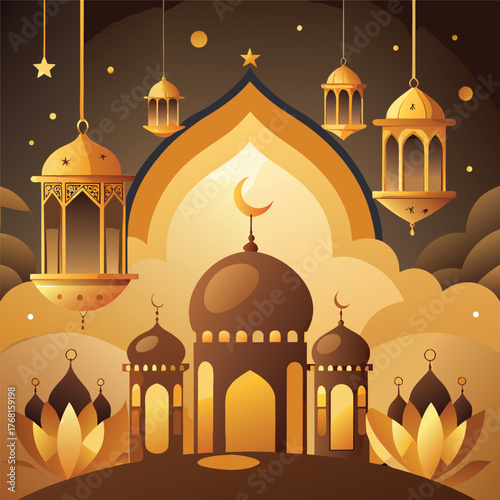 Golden Mosque with Crescent Moon and Star,Islamic Ramadan and Eid Mubarak Illustration