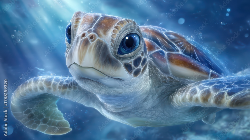 Obraz premium Majestic Sea Turtle Gliding Through Crystal Clear Ocean Waters in a Beautiful Underwater Scene with Soft Light Rays