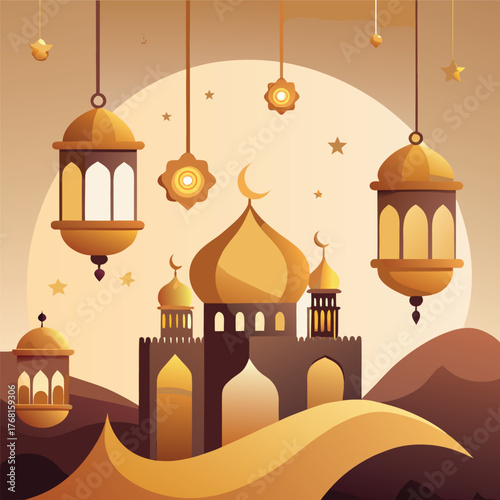 Golden Mosque with Crescent Moon and Star,Islamic Ramadan and Eid Mubarak Illustration
