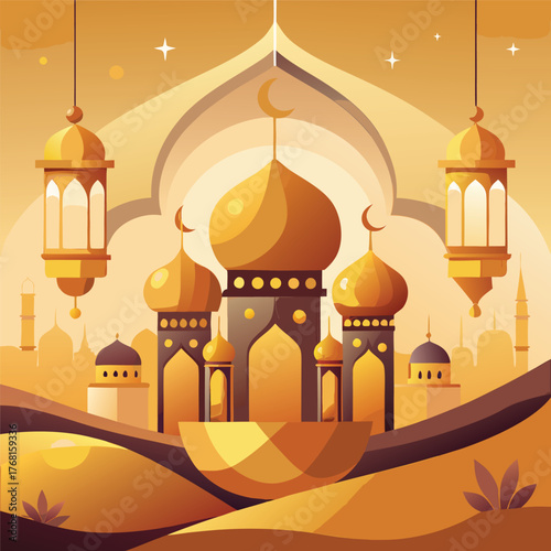 Golden Mosque with Crescent Moon and Star,Islamic Ramadan and Eid Mubarak Illustration