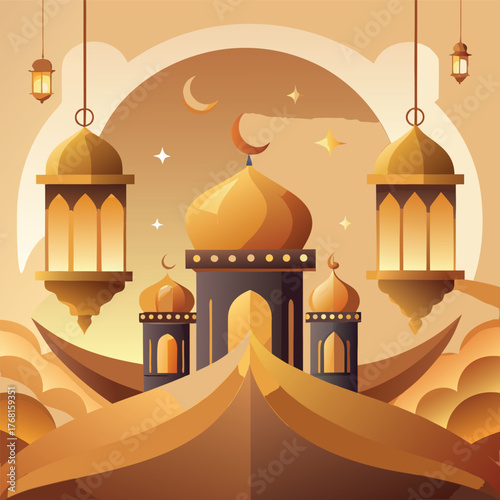 Golden Mosque with Crescent Moon and Star,Islamic Ramadan and Eid Mubarak Illustration