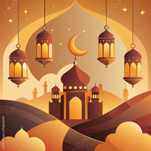 Golden Mosque with Crescent Moon and Star,Islamic Ramadan and Eid Mubarak Illustration