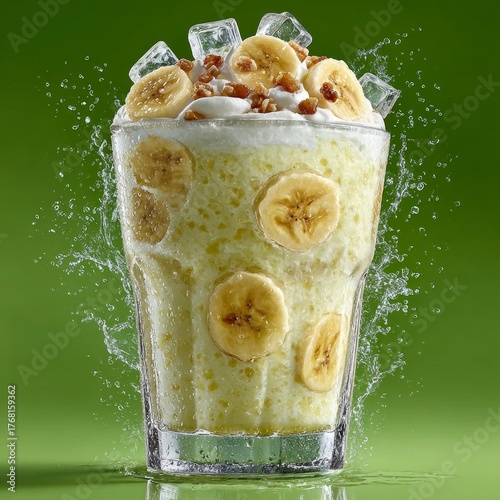 Refreshing banana smoothie bursting with creamy texture and topped with ice cubes and crunchy nuts, perfect for summer refreshment