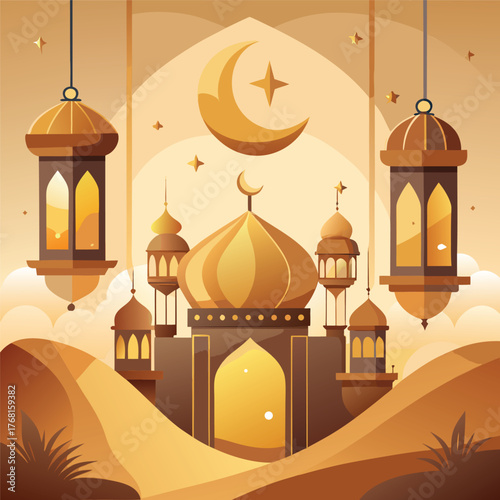 Golden Mosque with Crescent Moon and Star,Islamic Ramadan and Eid Mubarak Illustration