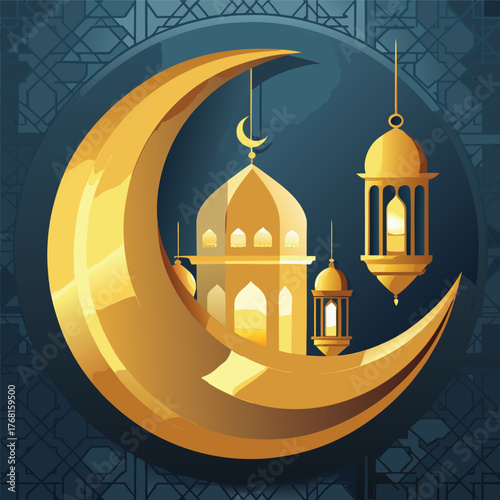 Golden Mosque with Crescent Moon and Star,Islamic Ramadan and Eid Mubarak Illustration