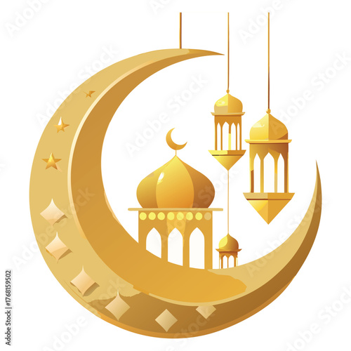 Canvas Print Golden Mosque with Crescent Moon and Star,Islamic Ramadan and Eid Mubarak Illust