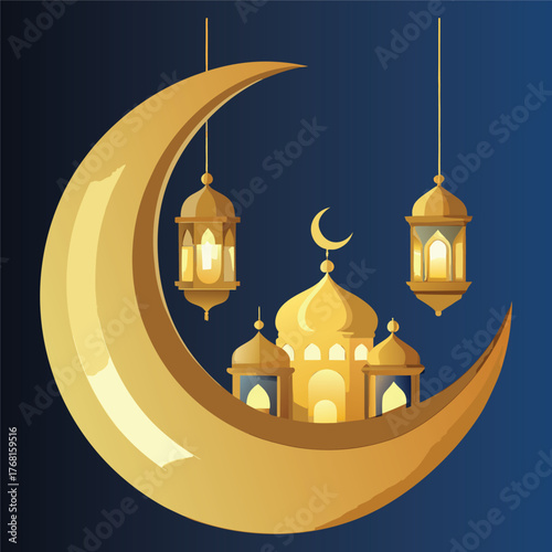 Golden Mosque with Crescent Moon and Star,Islamic Ramadan and Eid Mubarak Illustration