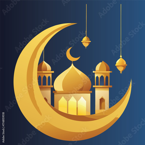 Golden Mosque with Crescent Moon and Star,Islamic Ramadan and Eid Mubarak Illustration