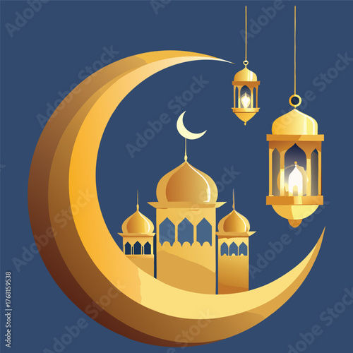 Golden Mosque with Crescent Moon and Star,Islamic Ramadan and Eid Mubarak Illustration