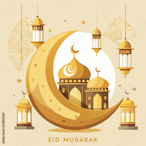 Golden Mosque with Crescent Moon and Star,Islamic Ramadan and Eid Mubarak Illustration