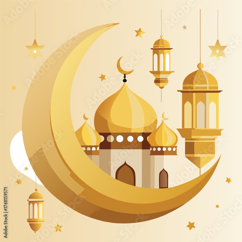 Golden Mosque with Crescent Moon and Star,Islamic Ramadan and Eid Mubarak Illustration