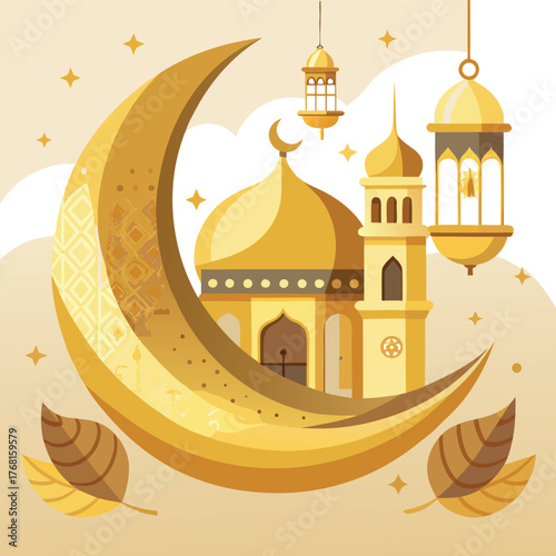 Golden Mosque with Crescent Moon and Star,Islamic Ramadan and Eid Mubarak Illustration