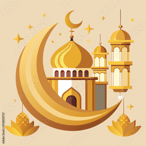 Golden Mosque with Crescent Moon and Star,Islamic Ramadan and Eid Mubarak Illustration