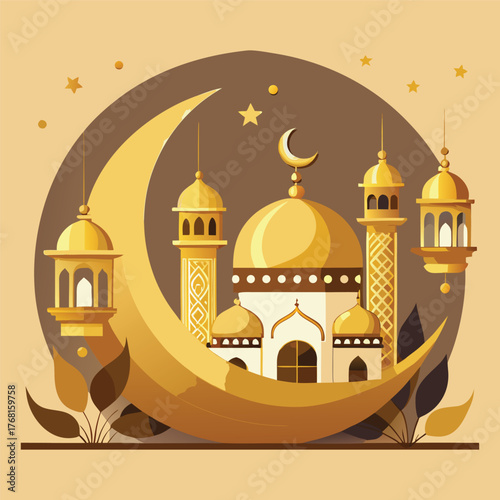 Golden Mosque with Crescent Moon and Star,Islamic Ramadan and Eid Mubarak Illustration