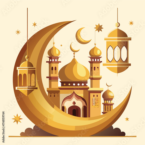 Golden Mosque with Crescent Moon and Star,Islamic Ramadan and Eid Mubarak Illustration