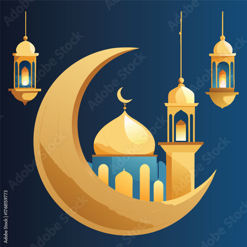 Golden Mosque with Crescent Moon and Star,Islamic Ramadan and Eid Mubarak Illustration